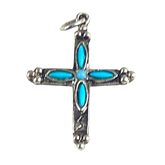 Vintage Silver Cross Pendant Faux Turquoise Inlay Accents Religious Charm Jewelr - Picture 2 of 6